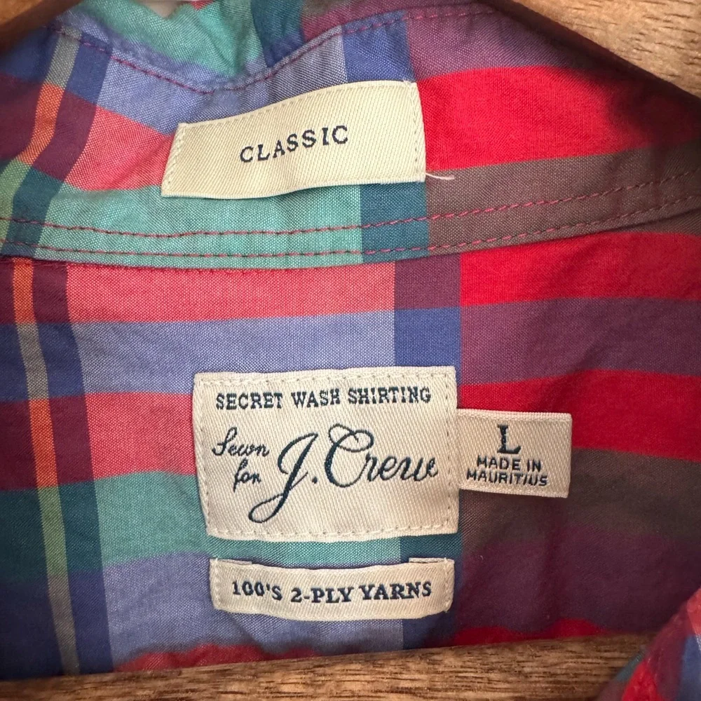 J.Crew Classic Fit Plaid Button-Down Shirt Secret Wash L Cotton Red Green Blue